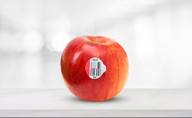 Red apple with lot tracking barcode