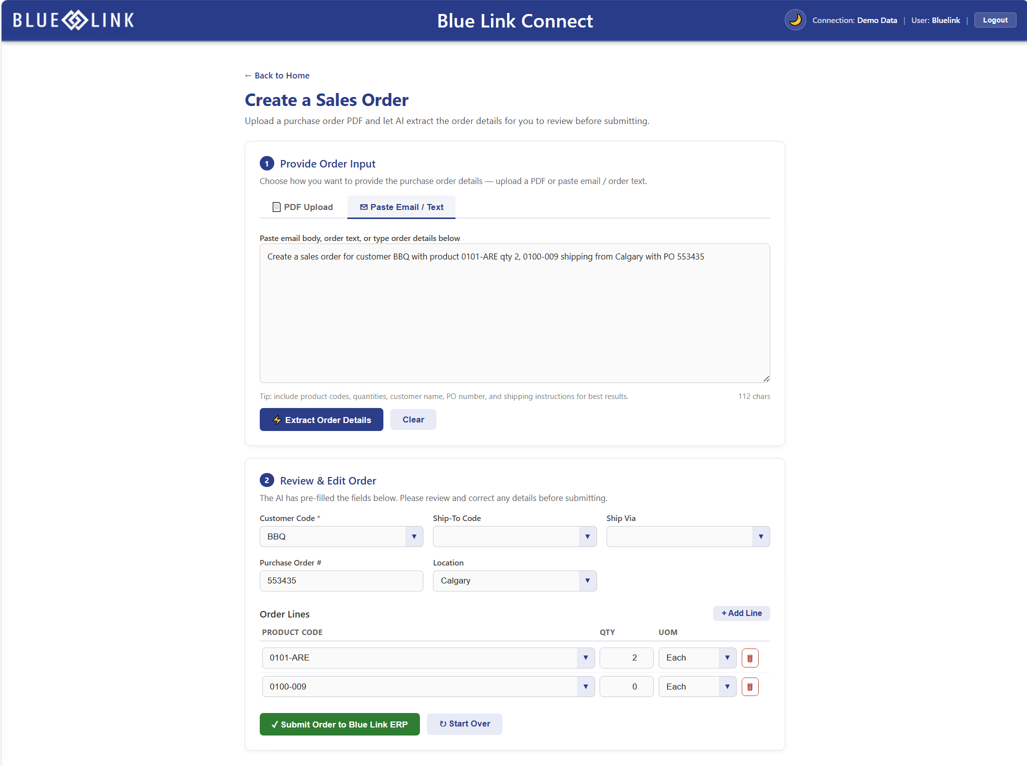 Creating a sales order in Blue Link Connect