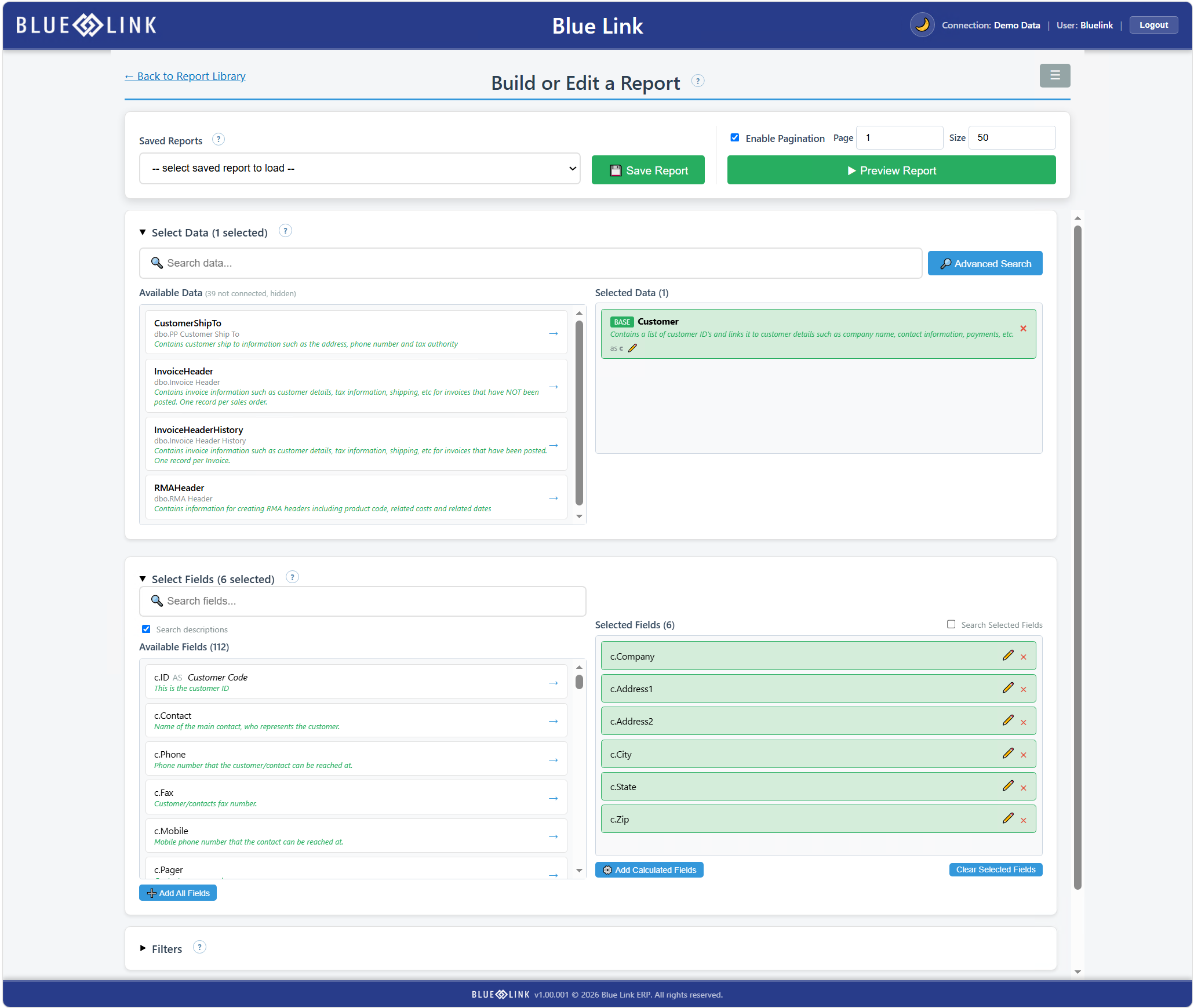 Building a report in Blue Link Connect