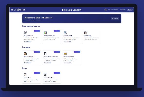 The Blue Link Connect dashboard shown on a laptop, with tiled cards for reporting, purchasing and sales tasks