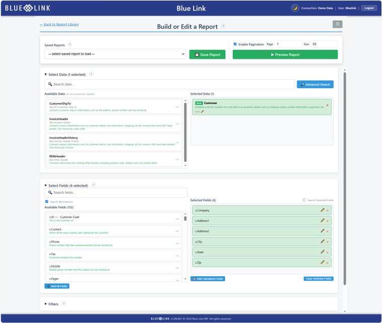 The Build or Edit a Report screen in Blue Link Connect, showing data source selection, field selection and the preview control