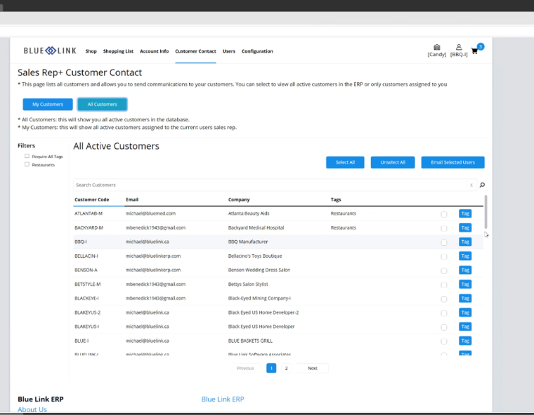 Sales Rep+ customer contact screen in the Blue Link B2B Ordering Platform, listing assigned accounts with email addresses